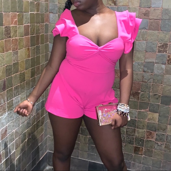 Fashion Nova Pants - Hot Pink Ruffle Strap Romper